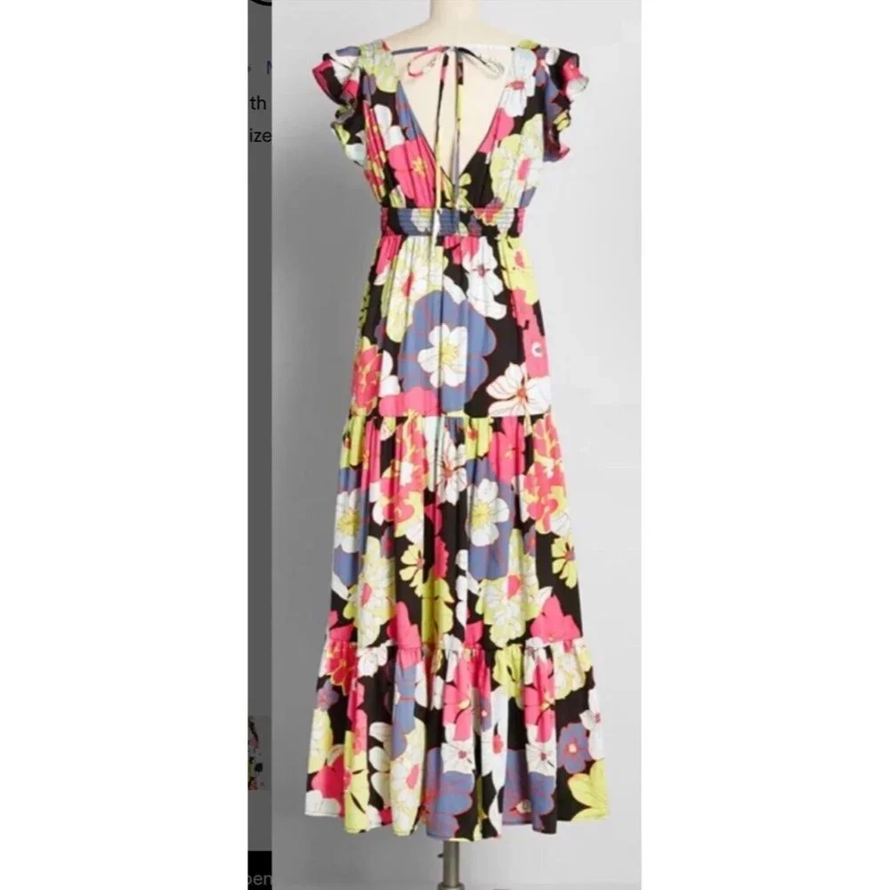 ModCloth Honolulu floral black ruffle cap sleeve tiered maxi dress Size XS  NEW - Picture 4 of 14